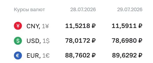 Официальный курс на 29 июля: доллар — 78,7 ₽, евро — 89,63 ₽, юань — 11,59 ₽. Для доллара это максимум с 8 апреля. По курсу ЦБ проходят расчёты по замещающим облигациям и фьючерсам.
