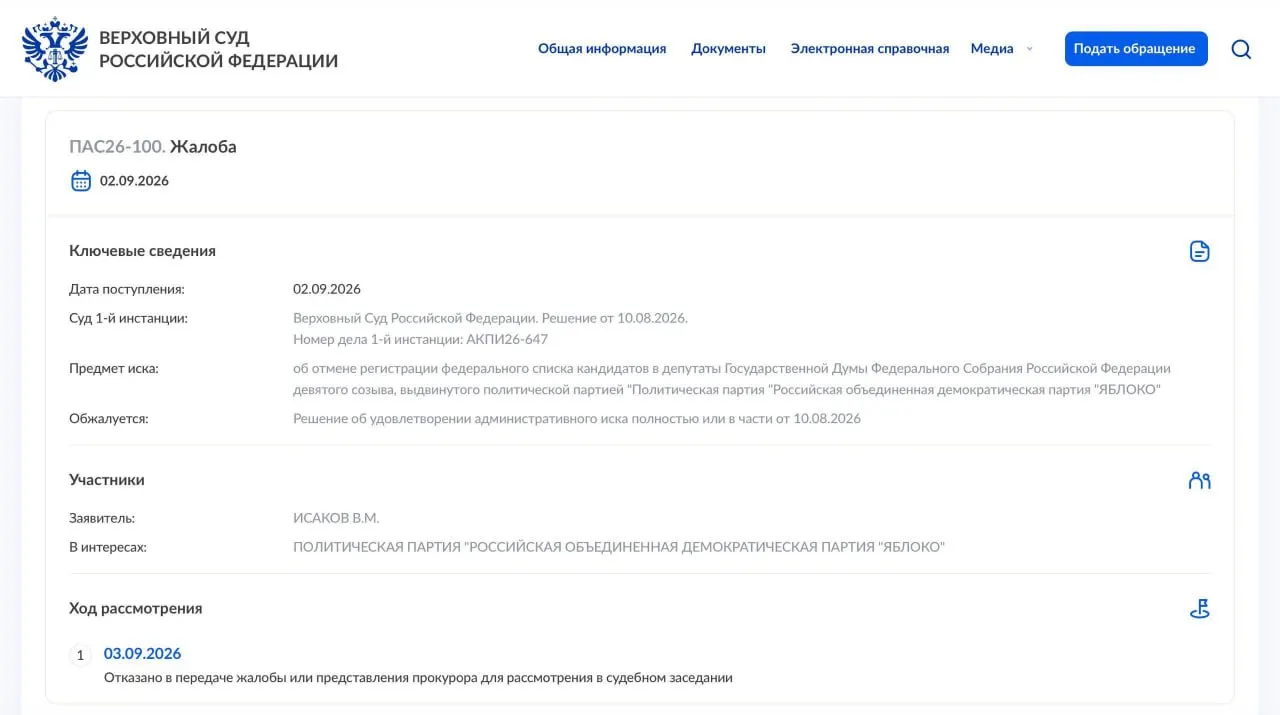 Суд не стал передавать дело в Президиум; надзорная жалоба партии, объёмом 64 страницы, была подана накануне, и суд изучил её за сутки. Партия намерена обратиться в Конституционный суд России.