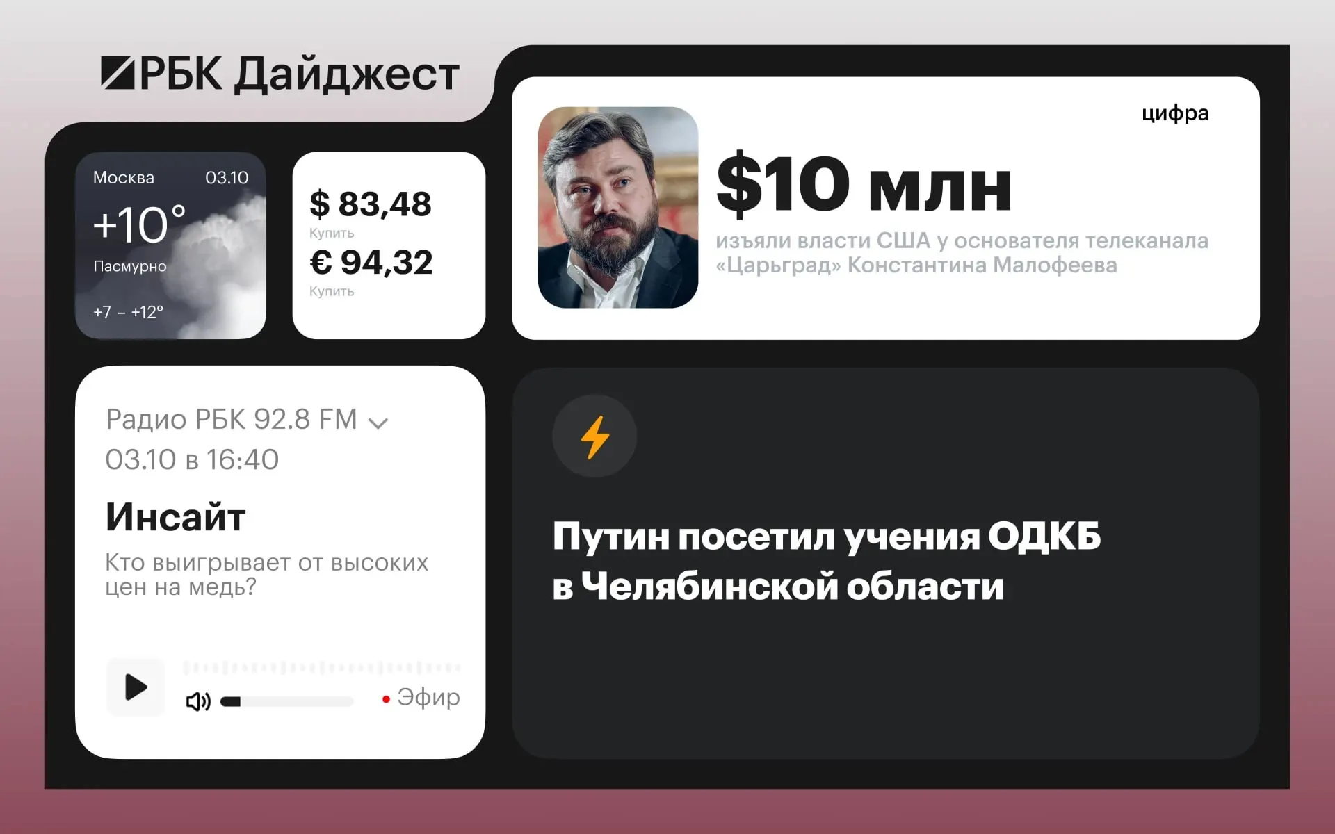 Ключевые события дня: визит в учения ОДКБ в Челябинской области, дипломатические заявления по Черному морю, санкции и экономические предложения.